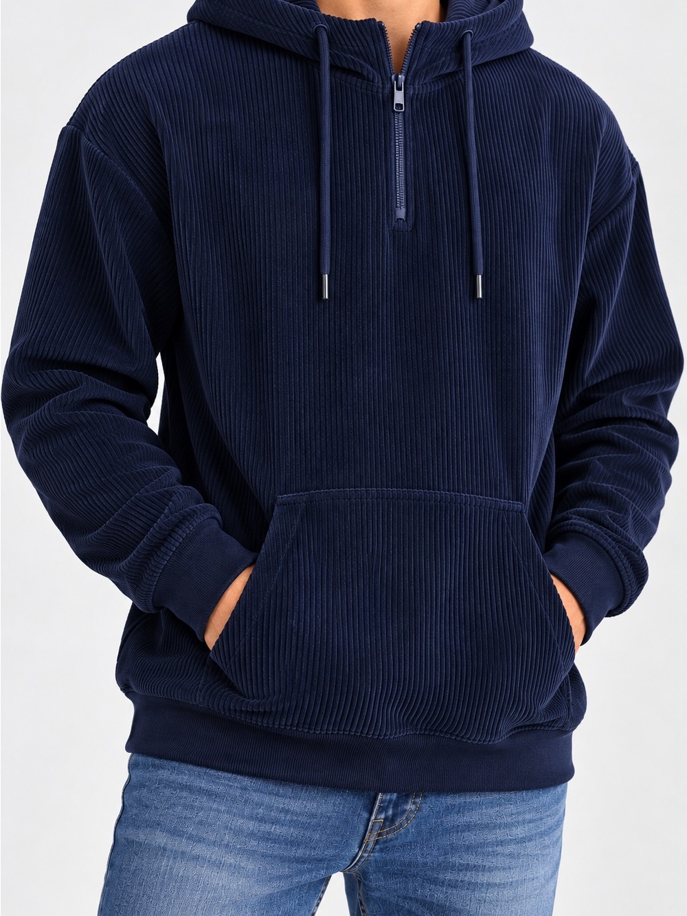 GINTTO Navy Blue Corduroy Hoodie Sweater – XL